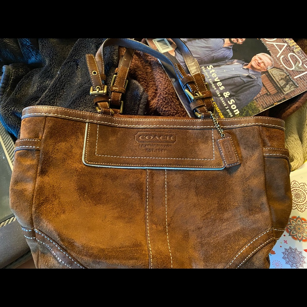 Brown suede!leather satchel COACH bag